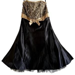 Jessica McClintock Gunne Sax Prom Dress Strapless Embellished Lace Gold Black 7